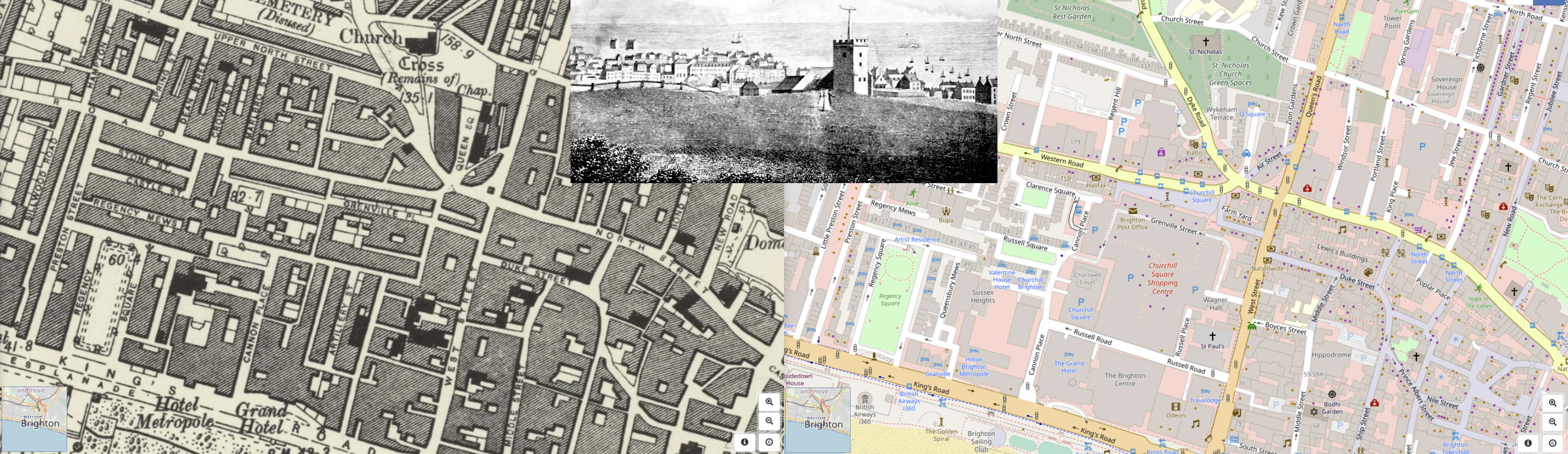The Genealogist's Map Explorer can overlay a modern map (right) on various older ones, here the 1890s Ordnance
		Survey map. Both show the area around Russell Street where Richard's forebears lived – now covered by the
		Churchill Square shopping centre. Both show St Nicholas's church (pictured in 1806, inset), where many of his
		family were christened and married.