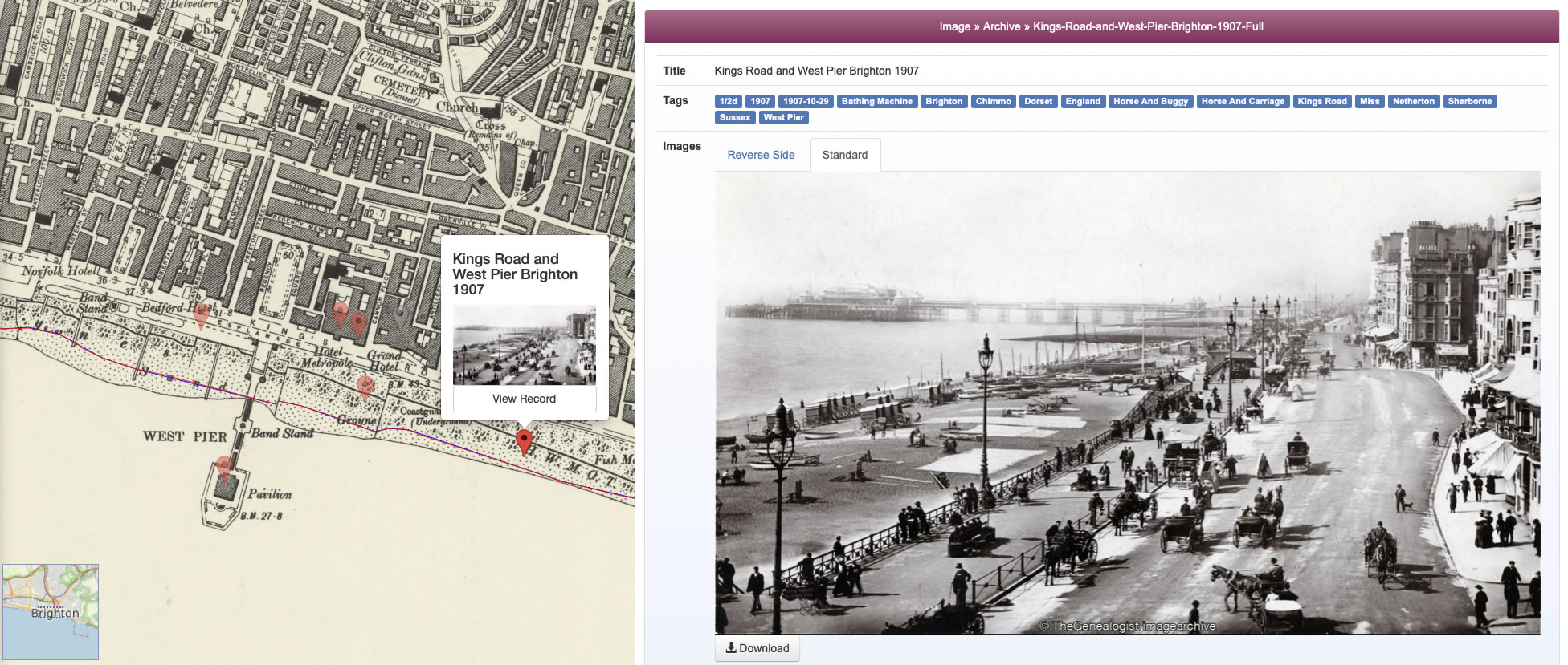 Map Explorer can show pins for The Genealogist's Image Archive – this 1907 view, for example, shows exactly the
		stretch of the seafront near where the Gillams lived.