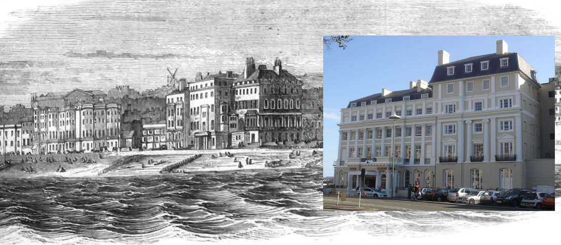 The Royal Albion Hotel is shown in this 1845 image from the Illustrated London News at The Genealogist; to the
		left of the picture are the streets where the Gillams lived. The hotel is still there today (right, credit: The
		Voice of Hassocks)