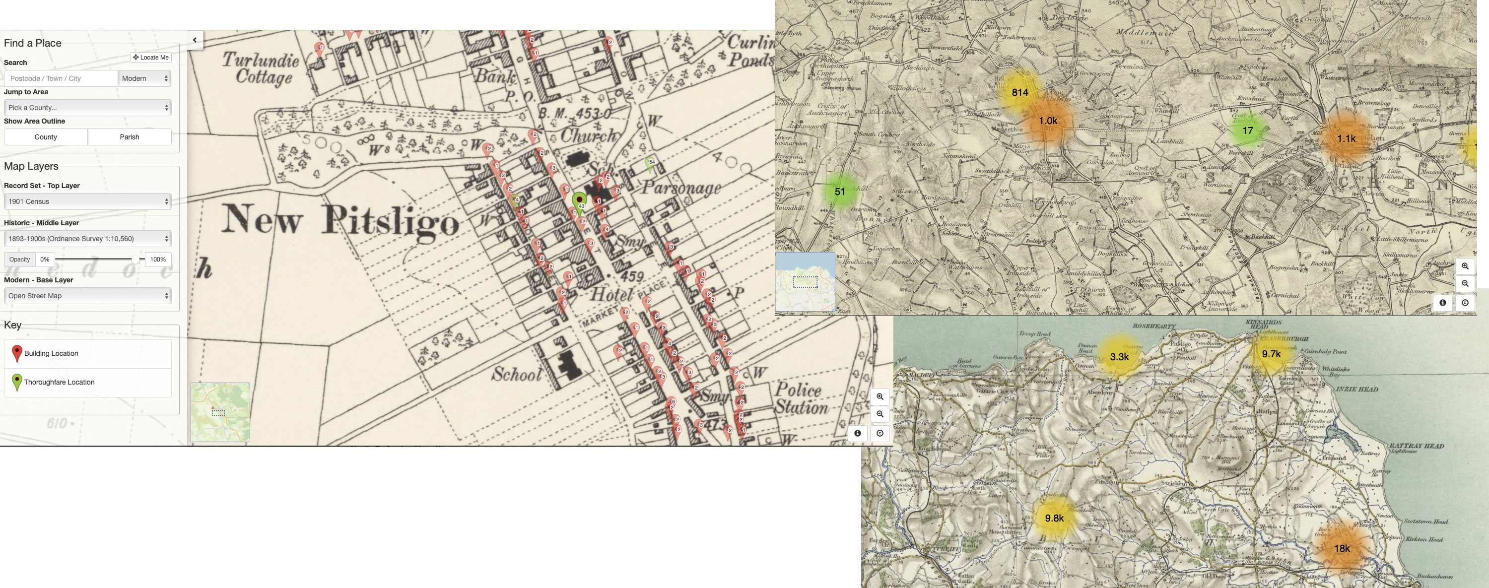 We can see New Pitsligo in Map Explorer, then zoom out to see the region of Tyrie and Aberdeenshire as a whole
		in the late 19th and early 20th centuries. Markers show family history record sets at TheGenealogist linked to
		the maps