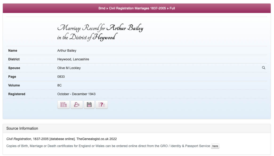 TheGenealogist's marriage index record for Ralf Little's maternal grandparents