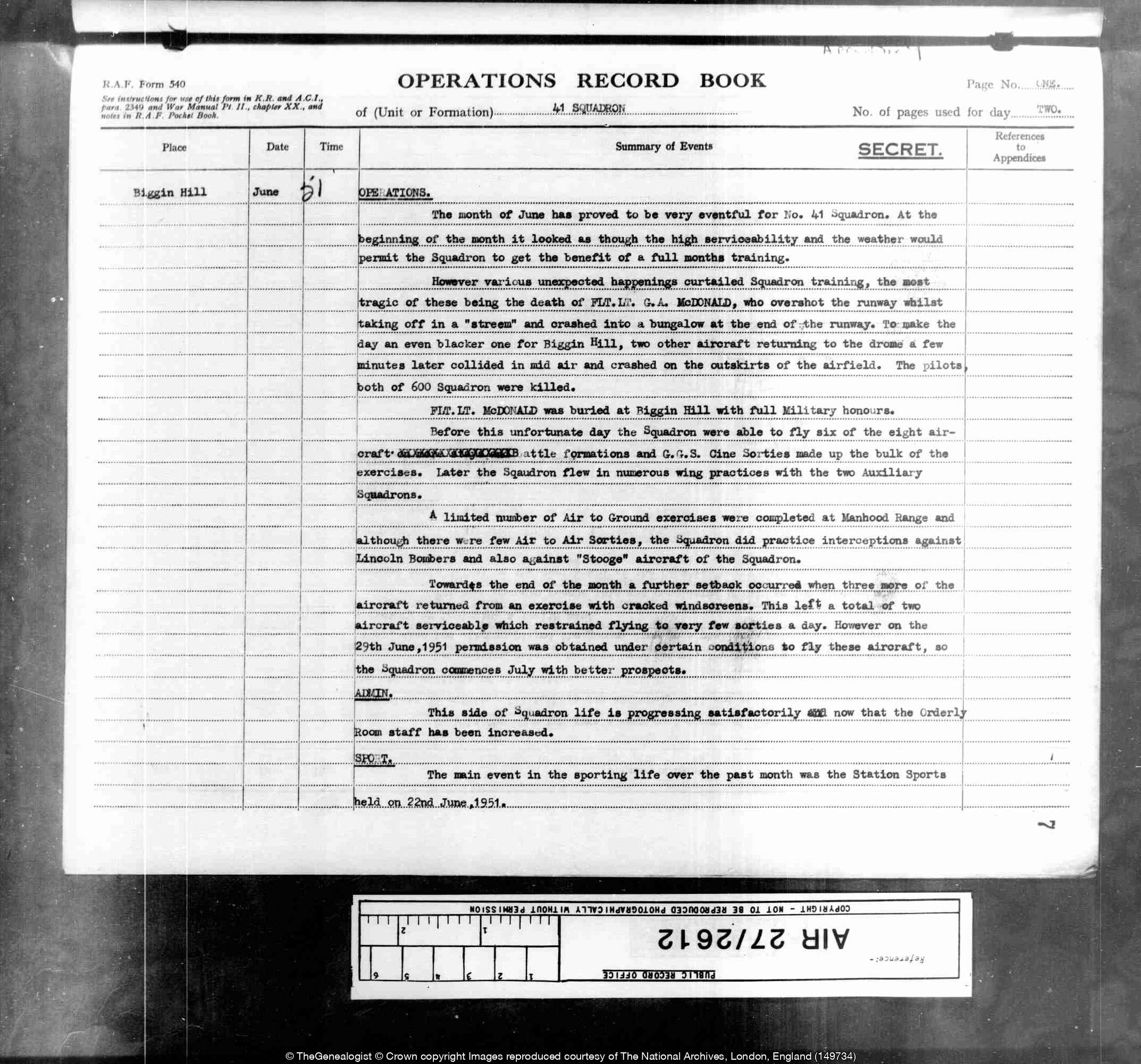 A black day for Biggin Hill recorded in the ORBs for June 1951