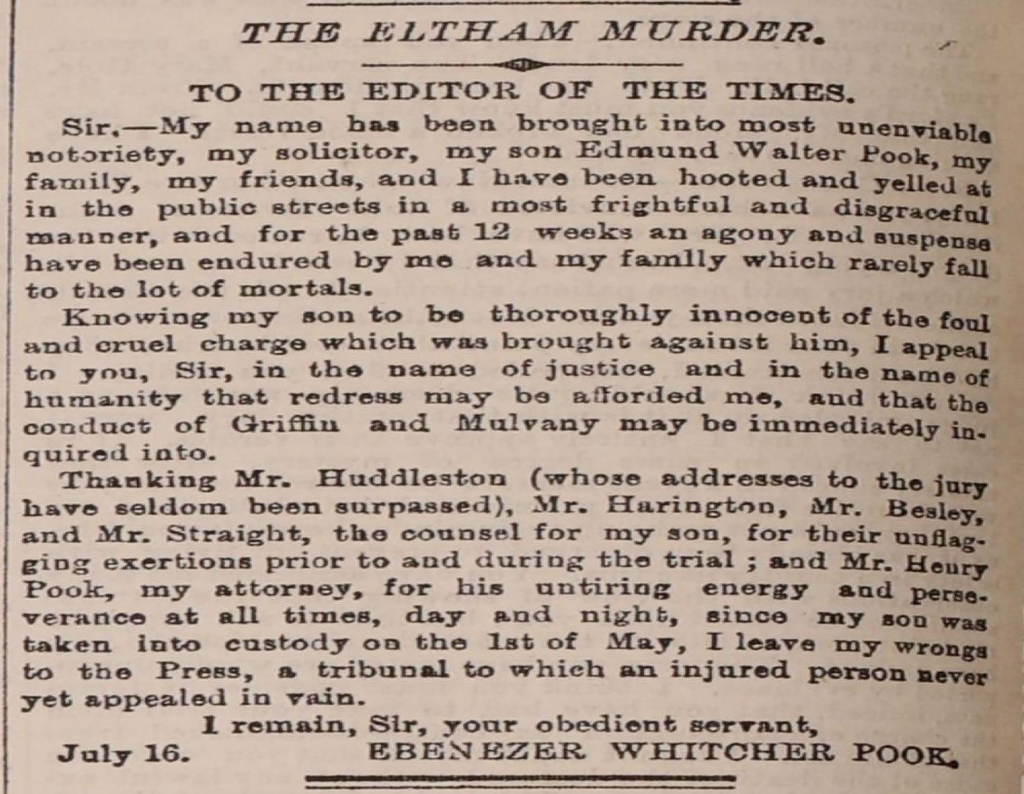 Letter to the Editor of the Times 17 July 1871