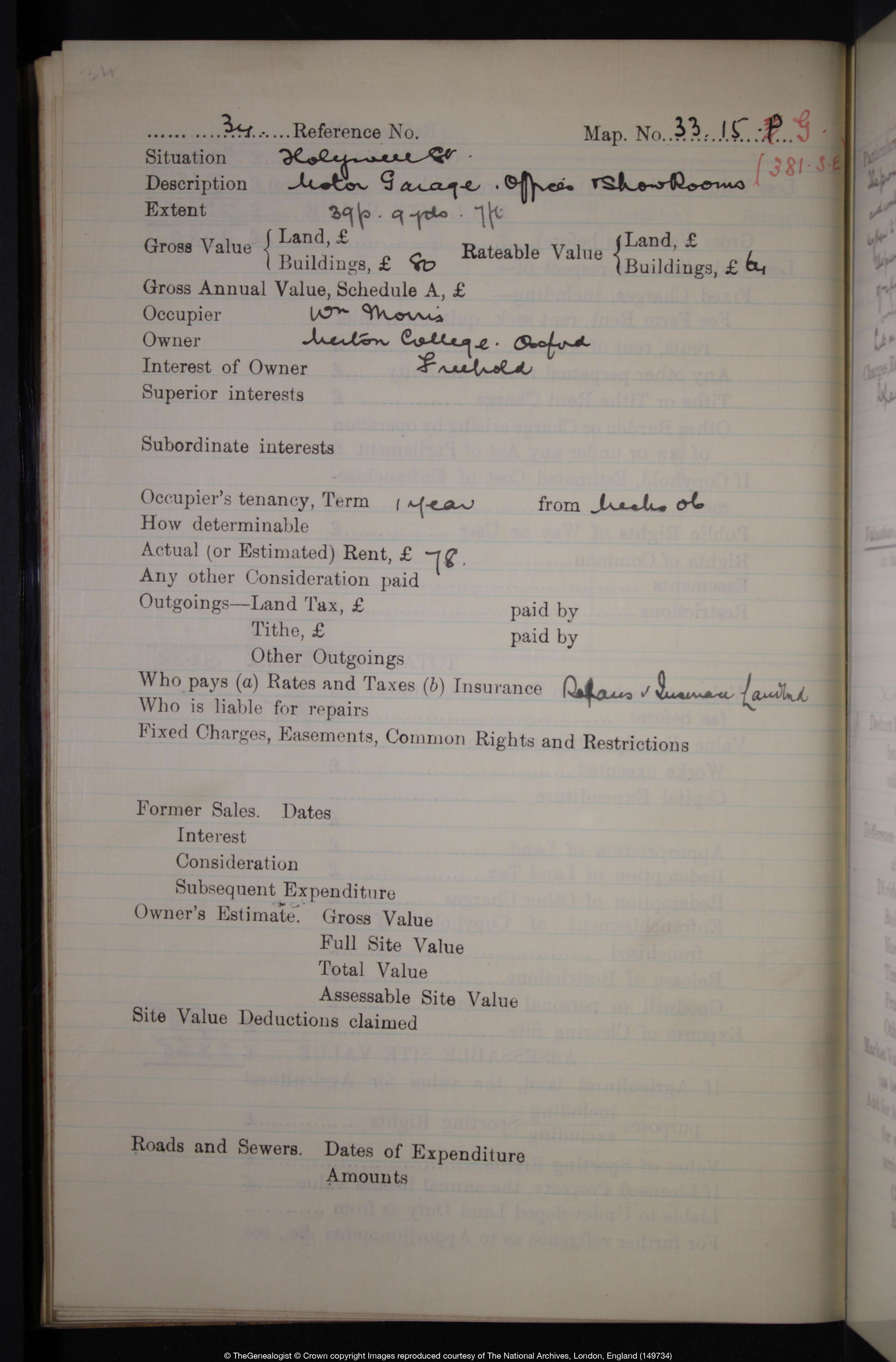 The IR58 Field Book for the new Morris Garage found in the Lloyd George Domesday Survey on TheGenealogist with a description for the new Morris Garage