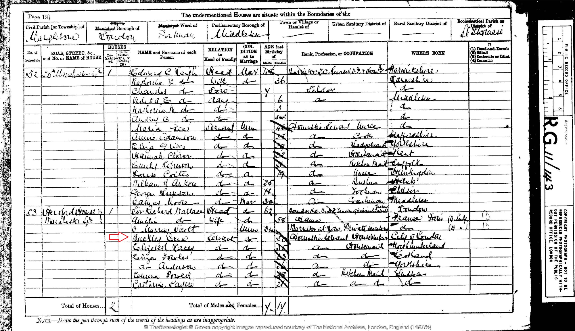 Jane Buckley recorded in the 1881 census of Marylebone on TheGenealogist