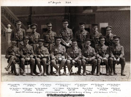 25th Brigade RGA June 1915 (1915, 25th Brigade, 25th Brigade Royal Garrison Artillery, 2nd Lt A.M. Stephen, 2nd Lt G.C.N. Wardley, 2nd Lt H.C.Peckthall, 2nd Lt M.W.M McCleod, 2nd Lt P.G. Cameron, 2nd Lt W. Honey, 2nd Lt W.M.Cooper, 2nd Lt;A M;Stephen, 2nd Lt;D.G.;Romanis, 2nd Lt;G C;Wardley, 2nd Lt;G.H.;O'Farrell, 2nd Lt;H C;Peckthall, 2nd Lt;M W M M;McCleod, 2nd Lt;P G;Cameron, 2nd Lt;W M;Cooper, 2nd Lt;W;Honey, Capt C.M.G. Yates, Capt E.S. Phillips, Capt;C M G;Yates, Capt;E S;Phillips, Capt;G L;Olivier, Capt;P S;Wiltshire, Capt. P.S. Wiltshire, Capt.;R.S.;Bunbury, Capt.G.L. Olivier, Lt;C J;Street, Lt. Col.;C.W.;Clarke, Lt.;S.C.;Anderson, Lt.C.J. Street, Lt.Col.C.W. Clarke, Maj;E L;Bond, Maj;R N;Lockhart, Maj.E.L. Bond, Maj.R.N. Lockhart, Military, Military Formation, Officers, Regiment, Royal Garrison Artillery, WW1)