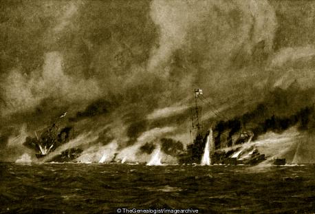 A 6 inch shell strikes the bridge of the smaller of the two German cruisers after which she makes off (1914, Battle of Heligoland Bight, HMS Arethusa, HMS Fearless, North Sea, Painting, SMS Frauenlob, SMS Stettin, WW1)