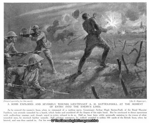 A bomb explodes and servely wounds Lieutenant A H Batten-Pooll at the moment of entry into the enemy's lines (1916, Arthur Batten-Pooll, Colonne, France, Franche-Comte, Lieutenant, Royal Munster Fusiliers, VC, WW1)