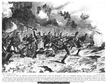 'A' Company of the 9th Argylls advancing under heavy fire to reinforce the 2nd Camerons during the second battle of Ypres (1915, 9th Battalion, A Company, Argyll and Sutherland Highlanders, Painting, second battle of Ypres, WW1)