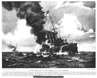 A fire breaks out in the forepart of the Nurnberg (1914, Battle of the Falkland Islands, HMS Kent, SMS Nurnberg, South Atlantic, WW1)