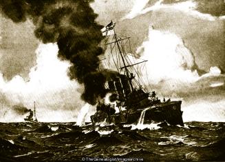 A fire breaks out in the forepart of the Nurnberg (1914, Battle of the Falkland Islands, HMS Kent, SMS Nurnberg, South Atlantic, WW1)