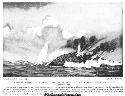 A German destroyer heeling over after being hit by a 6 Inch shell from the 'Undaunted' (1914, Battle off Texel, HMS Undaunted, North Sea, WW1)