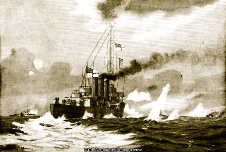 A German Torpedo passes close astern of the 'Undaunted' (1914, Battle of Texel, Battle off Texel, HMS Undaunted, North Sea, torpedo, WW1)