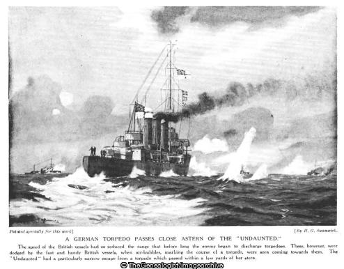 A German Torpedo passes close astern of the 'Undaunted' (1914, Battle of Texel, Battle off Texel, HMS Undaunted, North Sea, torpedo, WW1)