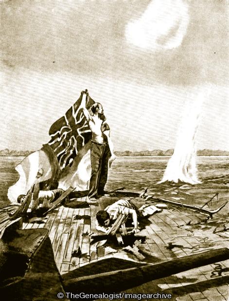 A Marine holds aloft the Union Jack of the 'Pegasus' which had been shot from its staff (1914, Battle of Zanzibar, HMS Pegasus, Indian Ocean, SMS Konigsberg, WW1, Zanzibar)
