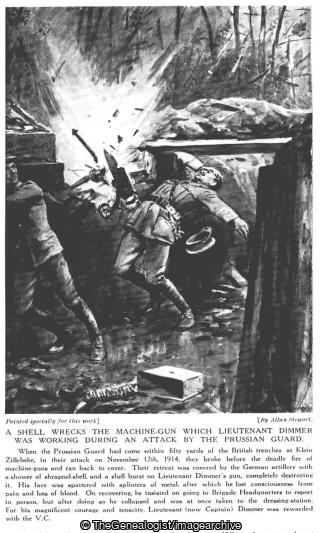 A shell wrecks the machine gun which Lieutenant Dimmer was working during an attack by the Prussian guard (1914, Belgium, Headquarters, John Dimmer, Klein Zillebeke, Machine Gun, VC, West Flanders, WW1)