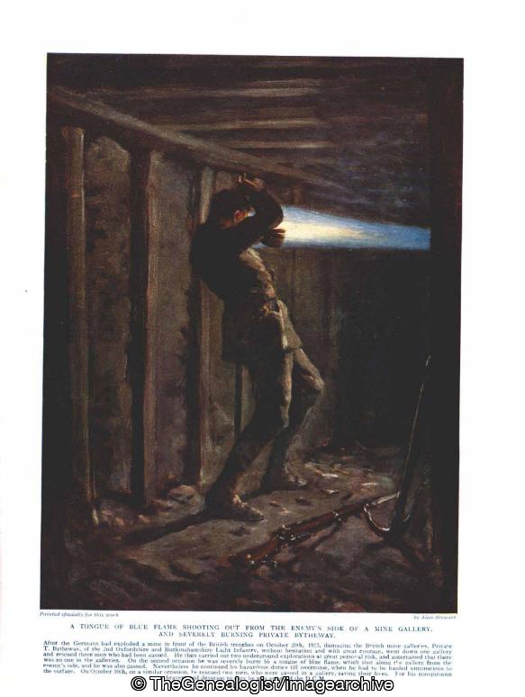 A tongue of blue light shooting out from the enemy's side of a mine gallery and severely burning Private T Bytheway (1915, Buckinghamshire Light Infantry , DCM, Explosion, Gas, Mine, Ox and Bucks, WW1)