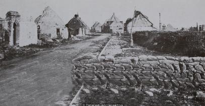 A village street with a sandbag barricade Belgium (16th Battalion, Barricade, Belgium, C1915, Highland Light Infantry, Sandbag, WW1)