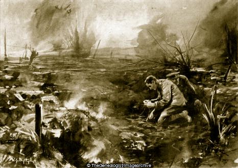 Acting Bombardier Barry mending field telephone wires at hill 60 under heavy fire (1915, Belgium, Bombardier, DCM, Hill 60, Observation Post, Patrick Barry, Royal Artillery, West Flanders, WW1, Ypres)