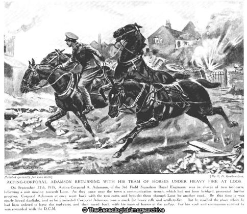 Acting Corporal Adamson returning with his team of Horses under heavy fire at Loos (1915, Field Squadron, France, Horse, Loos, Nord-Pas de Calais, Royal Engineers, WW1)