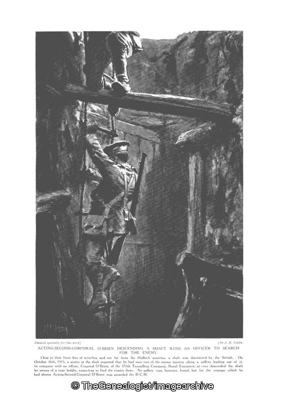 Acting Second Corporal O'Brien descending a shaft with an officer to search for the enemy (1915, DCM, France, Hulluch, Mine, Nord-Pas de Calais, Royal Engineers, Tunnelling Company, WW1)