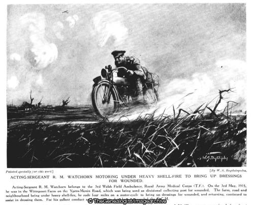 Acting Sergeant R M Watchorn motoring under heavy shell fire to bring up dressings foe wounded (1915, Belgium, DCM, Field Ambulance, Menin Road, Motorbike, RAMC, Sergeant, West Flanders, WW1)