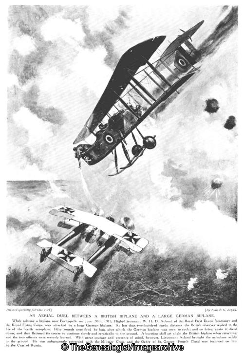 An aerial duel between a British biplane and a large German biplane (1915, Belgium, Biplane, Dogfight, Lieutenant, MC, Poelkapelle, Royal Flying Corps, West Flanders, WW1)