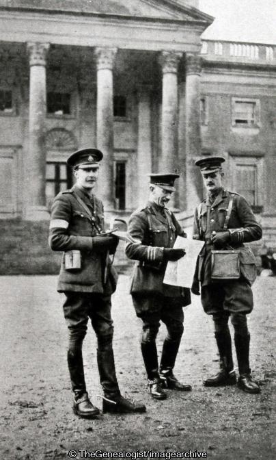 At Gorhambury St Albans 1914 Major Sir L Alexander, Lieut Colonel Thwaites, and Major Collen (1/2nd London Division, 1914, 47th Division, England, Gorhambury House, Hertfordshire, Lieutenant Colonel, Major, St Albans, WW1)