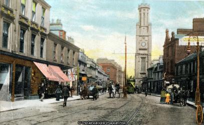 Ayr High St and Wallace Tower (Ayr, Ayrshire, High Street, horse and cart, Scotland, tower, tram, Wallace Tower)
