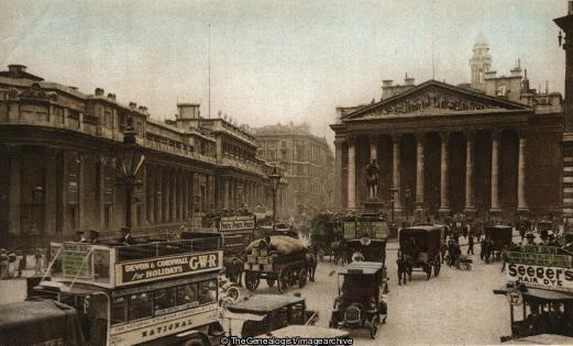 Bank of England and Royal Exchange, London (Bank of England, Car, Cornhill, horse and cart, London, omnibus, Royal Exchange)