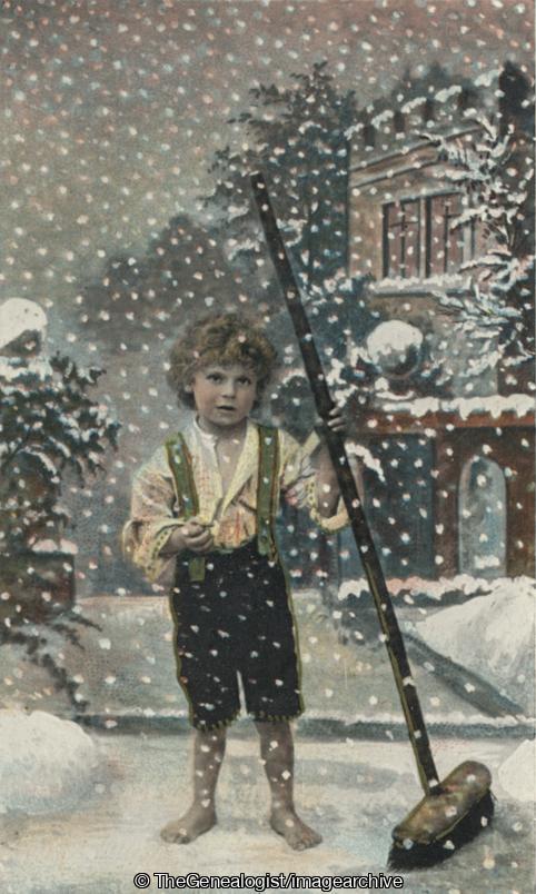 Barefoot boy sweeping snow (Amelia, broom, Christmas, Christmas Card, Gorey village, Jersey, Le Brun, Miss, Old Rowe, Snow)