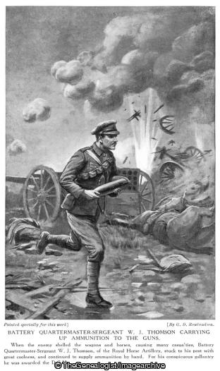Battery Quartermaster Sergeant W J Thomson carrying up ammunition to the guns (Ammunition, BQMS, DCM, Royal Horse Artillery, WW1)