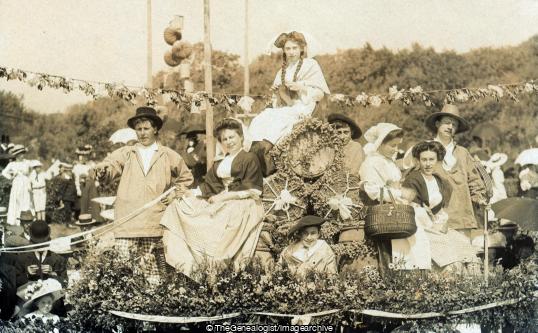 Battle of Flowers Farmers and Maids on wagon C1910 (Battle of Flowers, C1910, Farmer, Float, Jersey, Maid, Milkmaid, Wagon)