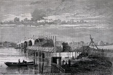 Blackfriars Old Bridge During its Construction Showing the Temporary Foot Bridge 1775 (Blackfriars Bridge, London, Thames)