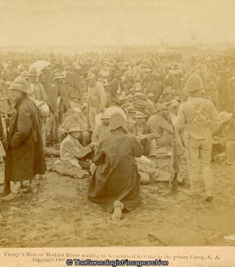 Boer War - Cronje's Men at Modder River waiting to be assigned to tents in the prison camp, South Africa (3d, Boer, Boer War, Modder River, Piet Cronjé, POW, South Africa)