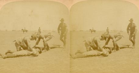Boer War - New South Wales Medical Corps, picking up one of their Comrades, South Africa (3d, Boer War, Medical Corps, New South wales, South Africa, Stretcher, Wounded)
