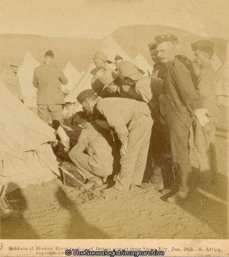 Boer War - Soliders at Modder River reading of British retreat from Spion Kop, Jan 28th, South Africa (3d, Boer War, Camp, Modder River, News, South Africa, Spion Kop, Tent)