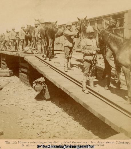 Boer War - The 10th Hussars entraining - they distinguished themselves a few days later at Colesberg, South Africa (10th Hussars, 3d, Boer War, Colesberg, Horse, Northern Cape, Railway, Regiment, South Africa, Train, vehicle)