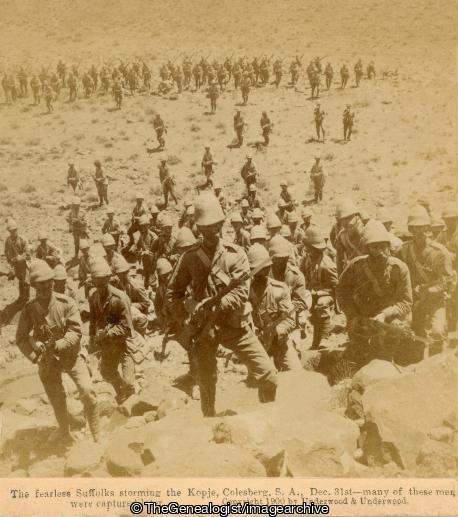 Boer War - The fearless Suffolks storming the Kopje, Colesberg, South Africa, Dec 31st - many of these men were captured later (3d, Boer War, captured, Colesberg, Kopje, Regiment, South Africa, Suffolk Reg)