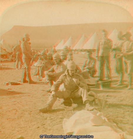 Boer War - The Yorkshires breakfasting in Camp at Naauwport, South Africa - their gallantry on Jan 28th lauded by French (3d, Boer War, breakfast, Camp, General, John French, Naauwpoort, Northern Cape, Regiment, South Africa, Tent, Yorkshire Regiment, Yorkshires)