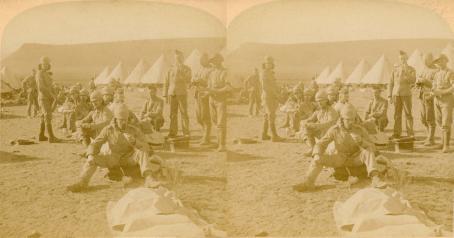 Boer War - The Yorkshires breakfasting in Camp at Naauwport, South Africa - their gallantry on Jan 28th lauded by French (3d, Boer War, breakfast, Camp, General, John French, Naauwpoort, Northern Cape, Regiment, South Africa, Tent, Yorkshire Regiment, Yorkshires)