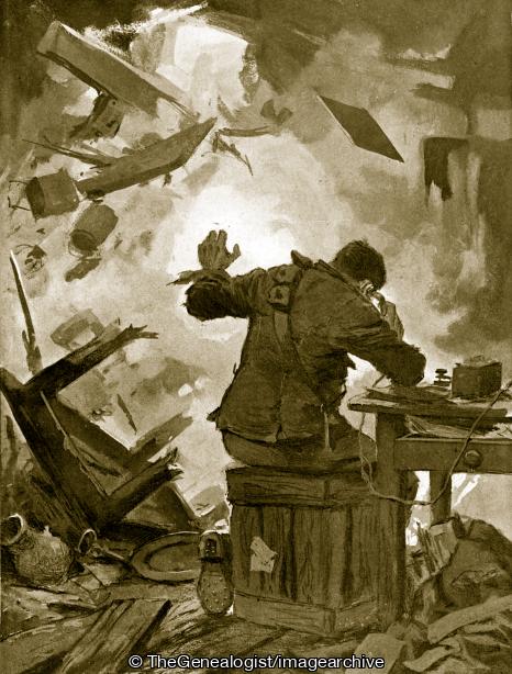 Bombardier French finishing his message after a shell had come through the room in which he was telephoning (Bombardier, DCM, France, Neuve Chapelle, Nord-Pas de Calais, Royal Field Artillery, Telephone, WW1)