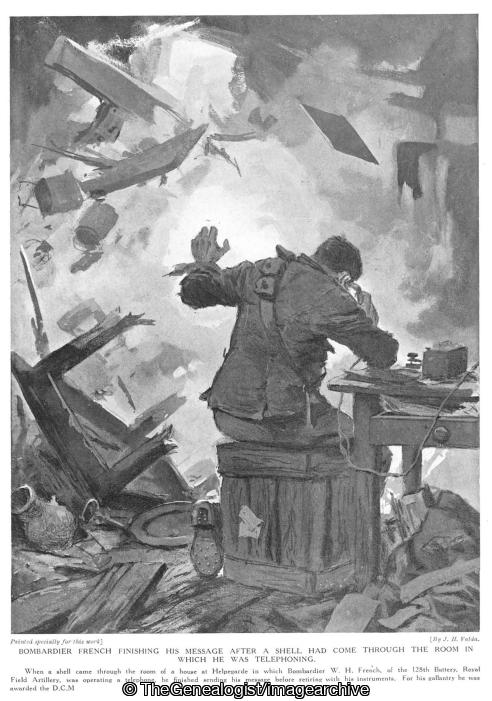 Bombardier French finishing his message after a shell had come through the room in which he was telephoning (Bombardier, DCM, France, Neuve Chapelle, Nord-Pas de Calais, Royal Field Artillery, Telephone, WW1)