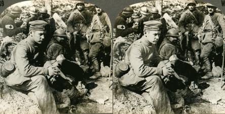 Boyish German Prisoners at a Dressing Station Longpont (1918, 3d, France, French, German, Longpont, Picardie, POW, Red Cross, Soldiers, WW1)