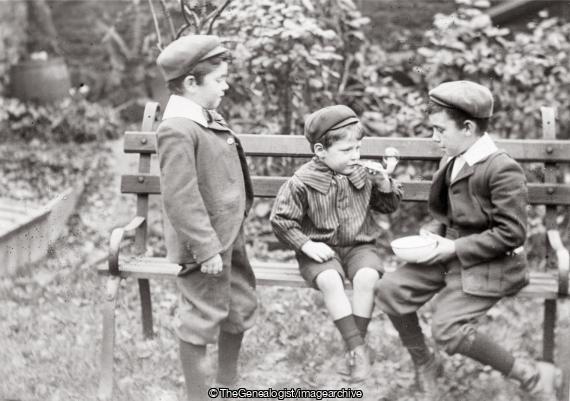 Boys with Pipe Blowing Bubbles 1900 (Bench, Blowing Bubbles, boy, C1900, pipe)
