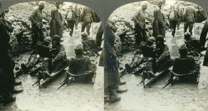 Bringing in the Wounded - On Stretchers Stiff and Bleared with Blood (C1917, first aid, France, French, Soldiers, Stretcher, Wounded, WW1)