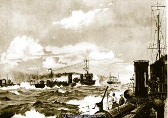 British Destroyers accompanied by the light cruiser 'Amphion' under the Command of Captain C H Fox chasing the German Mine Laying ship 'Konigin Luise' (1914, Destroyer, HMS Amphion, Mine, North Sea, SS Konigin Luise, WW1)