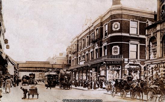 Brixton Bon Marche and Station Bridge 1904 (1/2d, Avolo, Bon Marche, Bone, Brixton, Brixton Station, C1905, Fred, H, horse and cart, Horse Drawn Carriage, London, Miss, Railway Station, Somerleyton Road, tram)