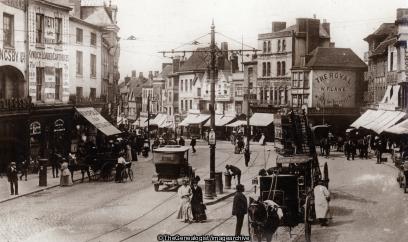 Broadgate Coventry 1921 (1 1/2d, 1921, 1921-08-03, Automobile, bicycle, Broadgate, C, Cheshire, Coventry, England, Hancock, Horse and Buggy, Horse and Carriage, Master, Stalybridge, tram, Wakefield Road)