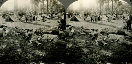 Camp of French Artillerymen Enjoying Well Earned Rest from Trench Warfare (3d, Artillery, C1917, Forest, France, French, Soldiers, Tent, WW1)